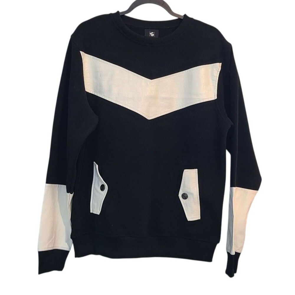 Southpole Men M Black White Faux Leather Sweatshirt Streetwear Trendy Urban Cozy